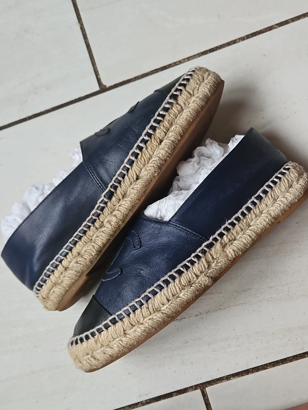 CHANEL Navy Black Lambskin Leather CC Espadrilles [Size 37]